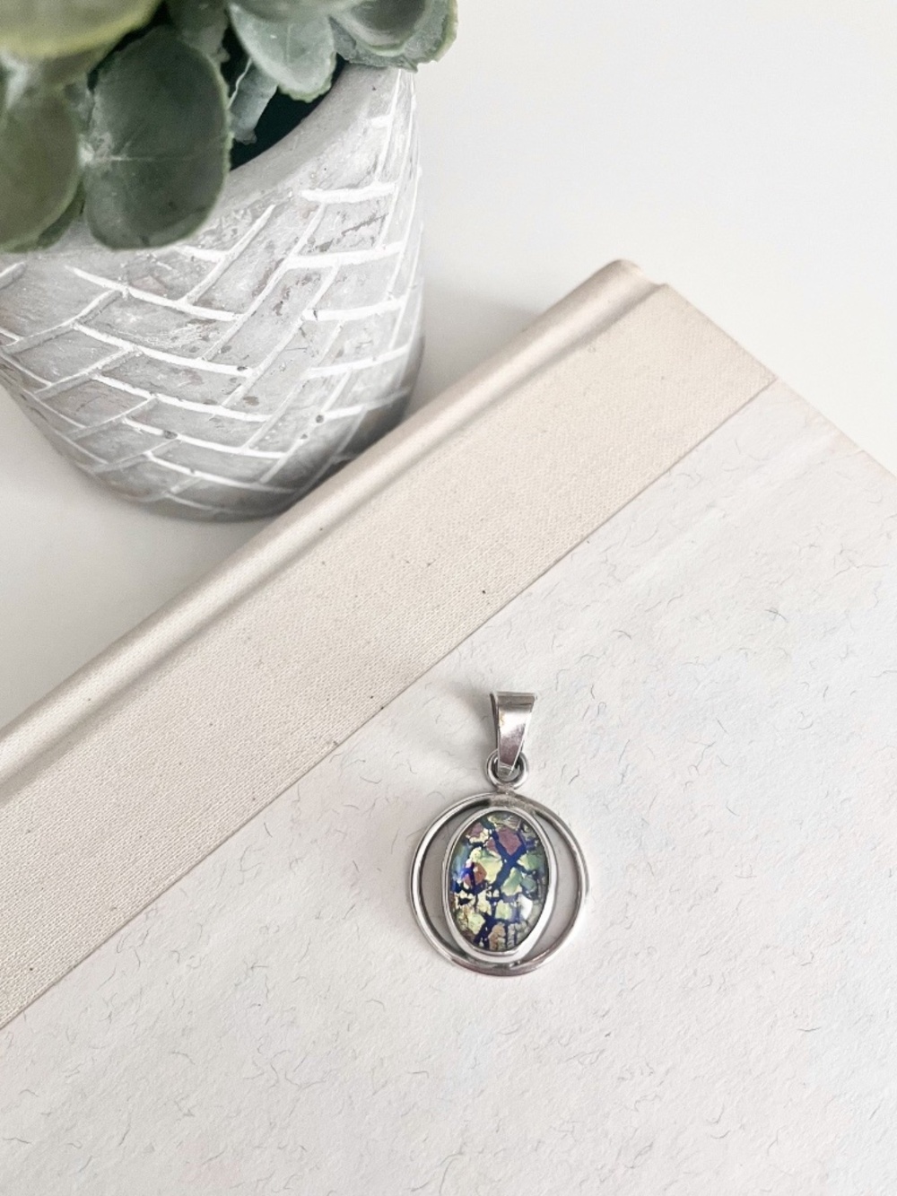 Vintage Mexican Sterling Silver Foil Glass Pendant 925